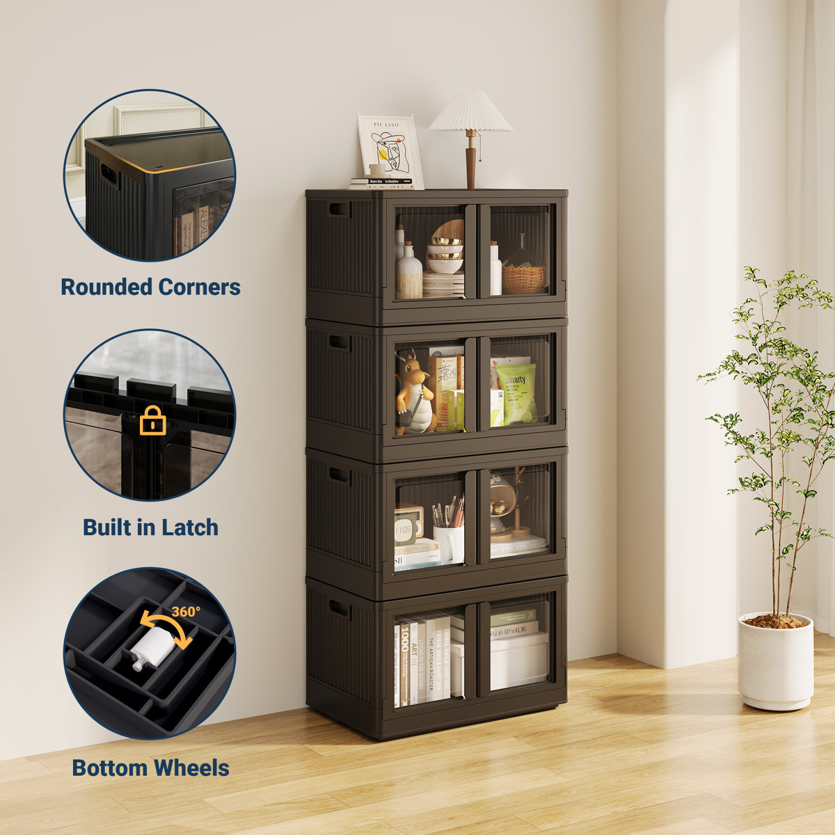 Stackable Collapsible Plastic Storage Bins with Lids,304 QT Closet Organizers with Doors, 25''L x 15.5''W x 56''H (Set of 4)